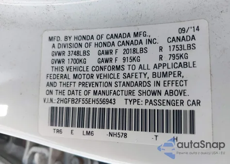 2014 Honda Civic Lx z USA, uszkodzony, nr VIN 2HGFB2F55EH556943